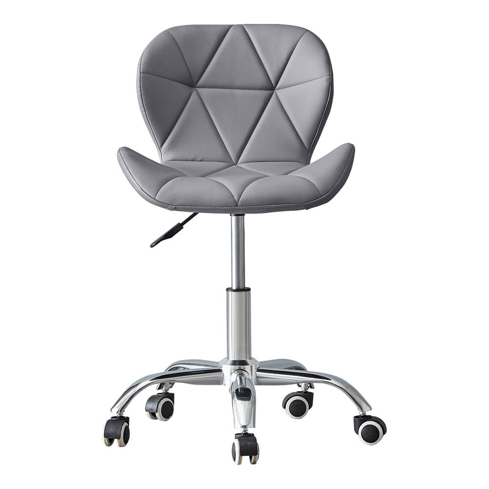 Grey swivel office chair on chrome legs with castors