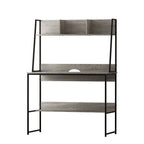 Grey steel workstation desk with a partitioned shelf above the work surface