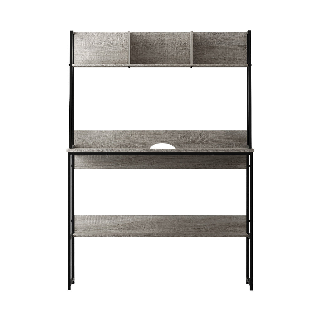 Grey steel workstation desk with a partitioned shelf above the work surface