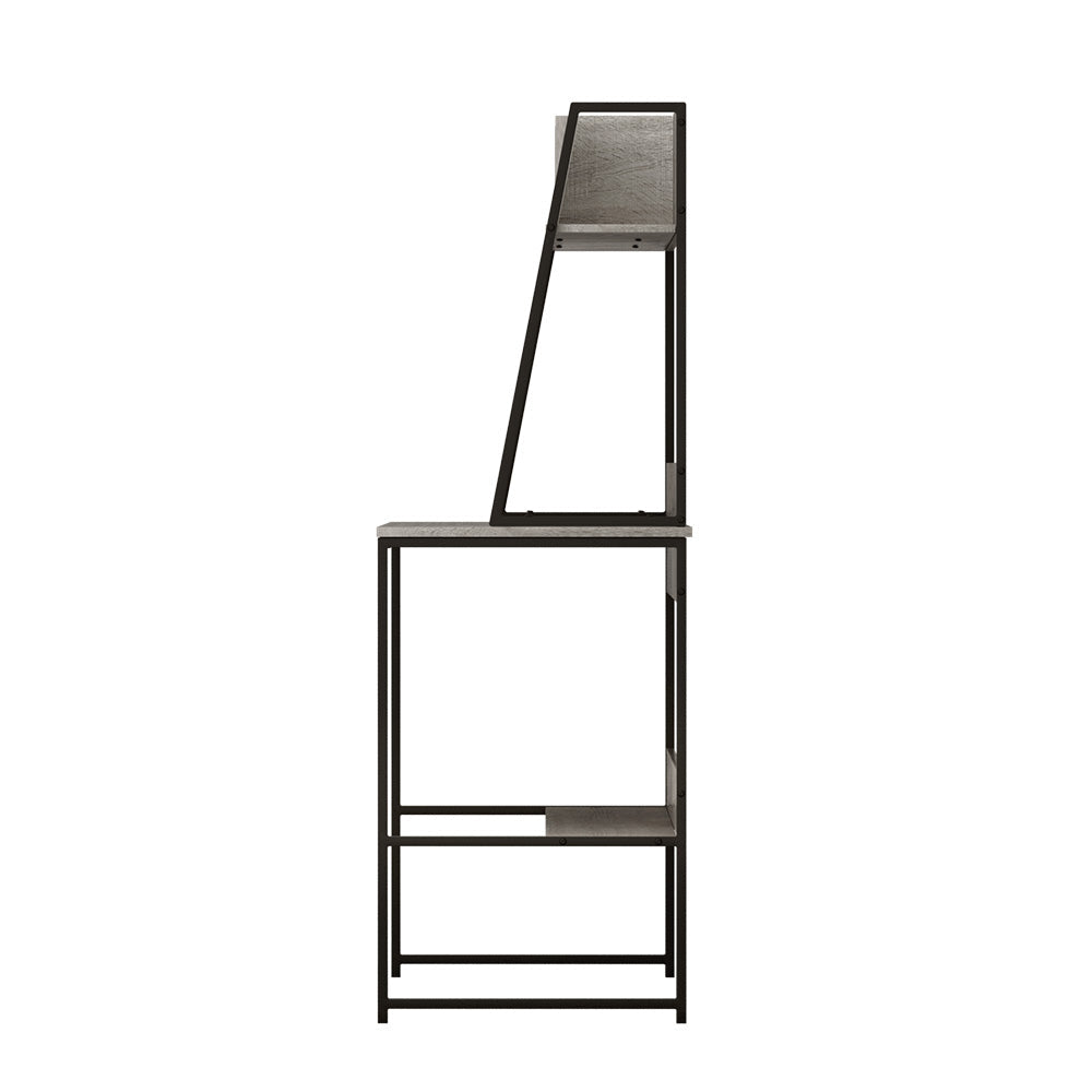 Grey steel workstation desk with a partitioned shelf above the work surface