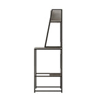 Grey steel workstation desk with a partitioned shelf above the work surface