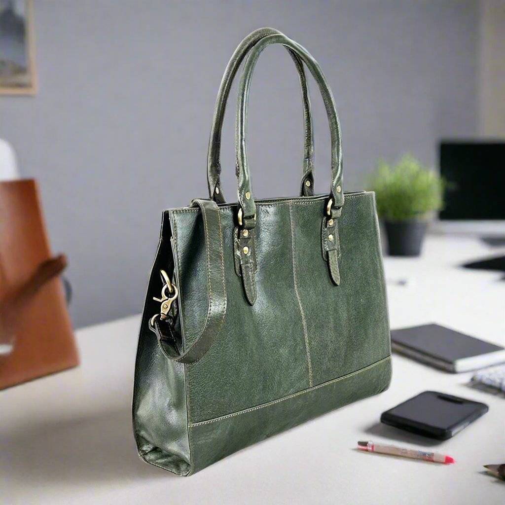 Olive green leather laptop bag for a 17 inch machine