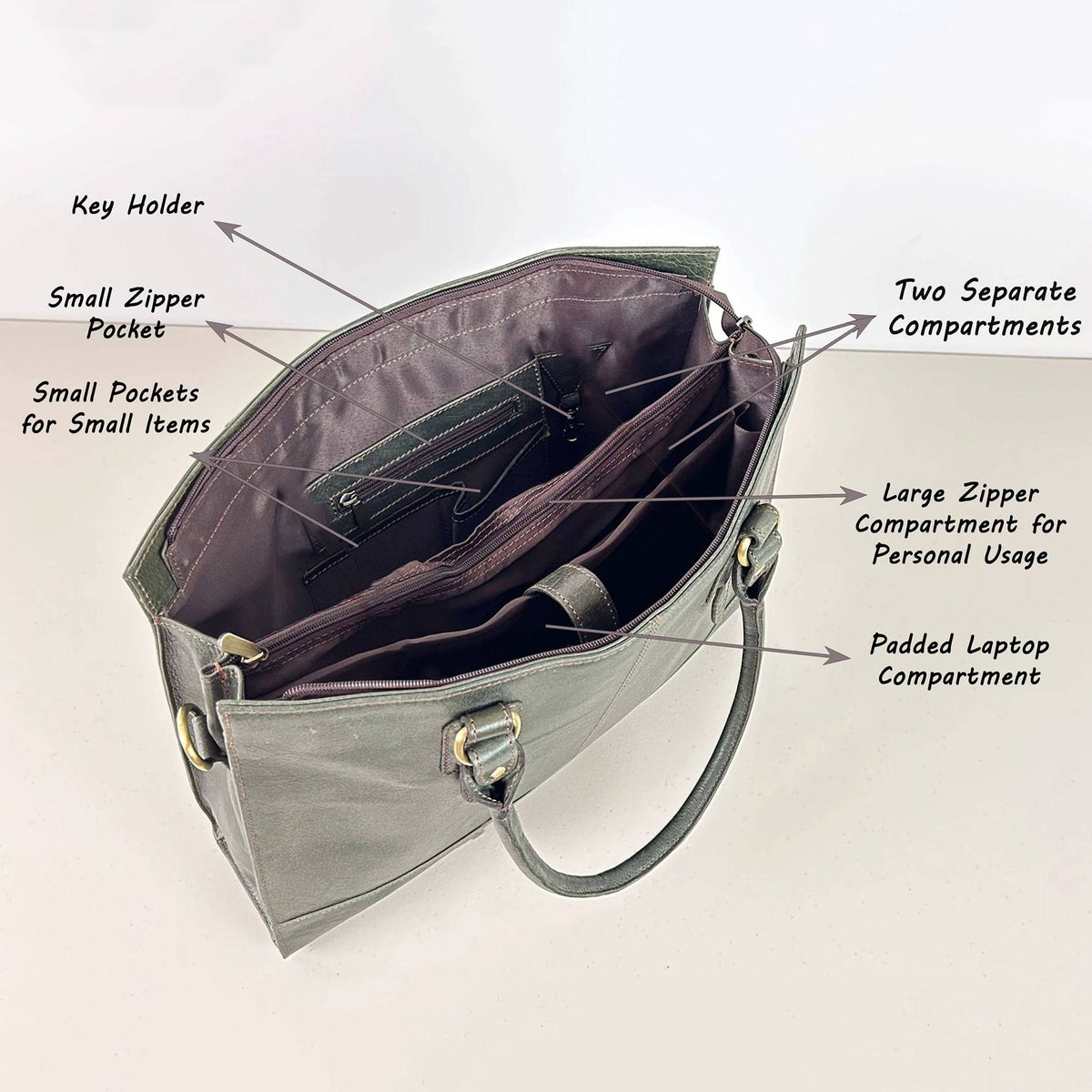 Olive green leather laptop bag for a 17 inch machine