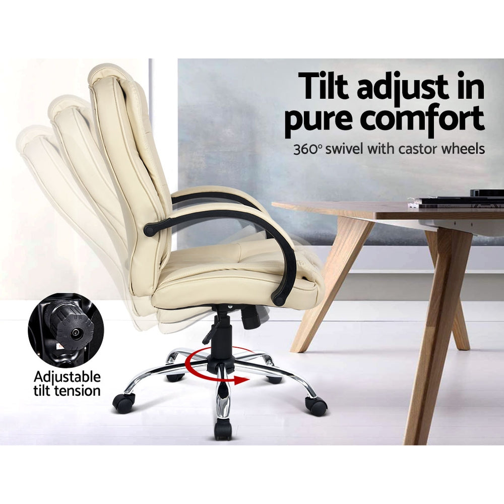 Beige leather office chair with armrests