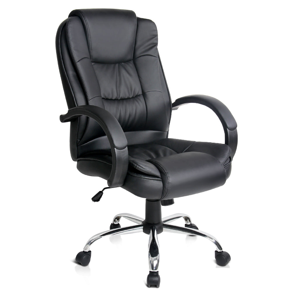 Black leather office chair with armrests
