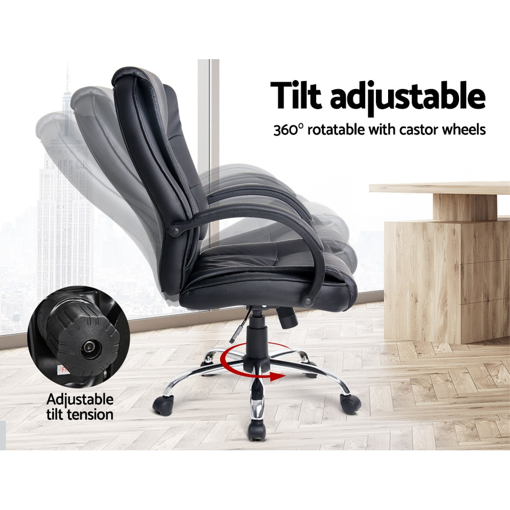 Black leather office chair with armrests