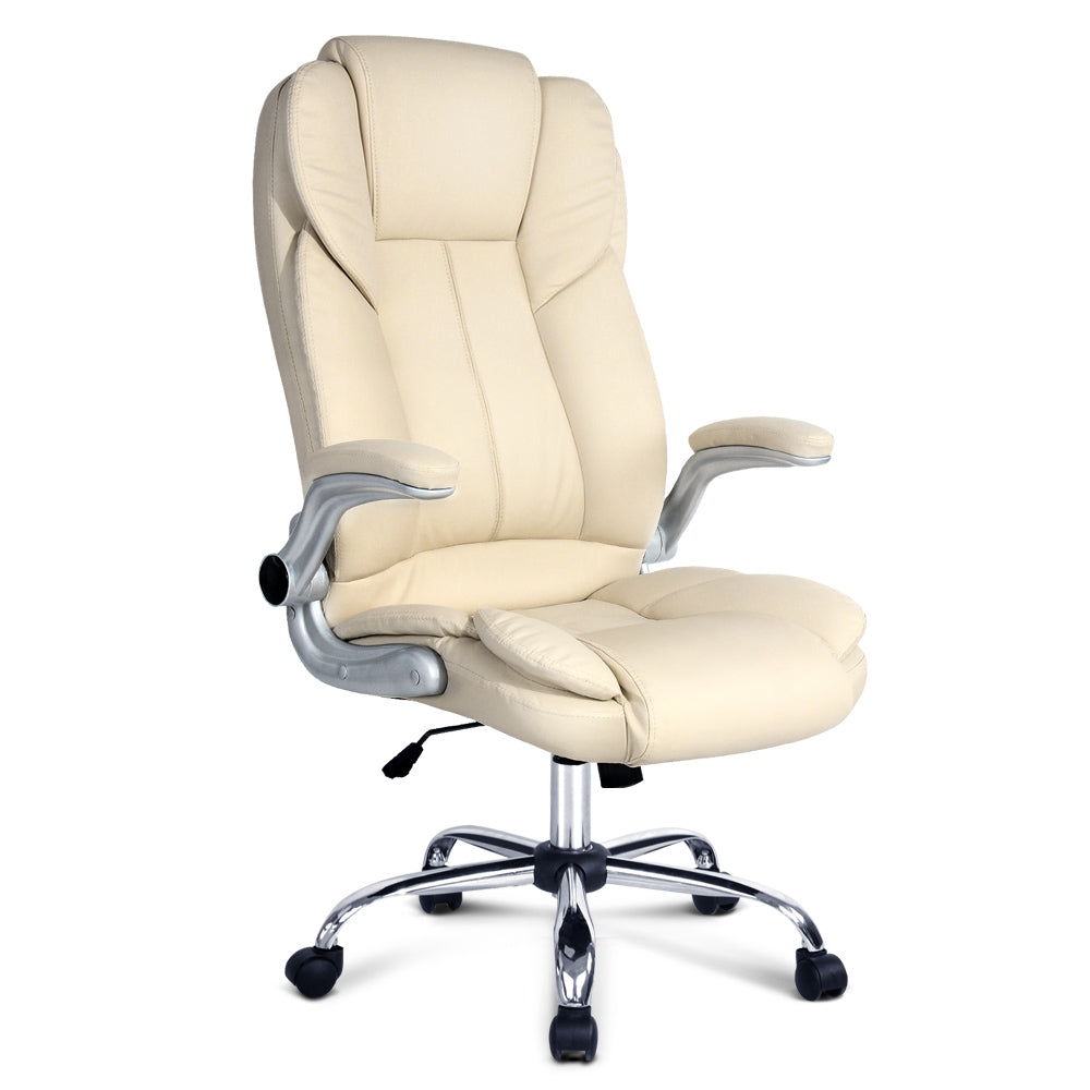 Beige leather high back executive chair on a chrome base