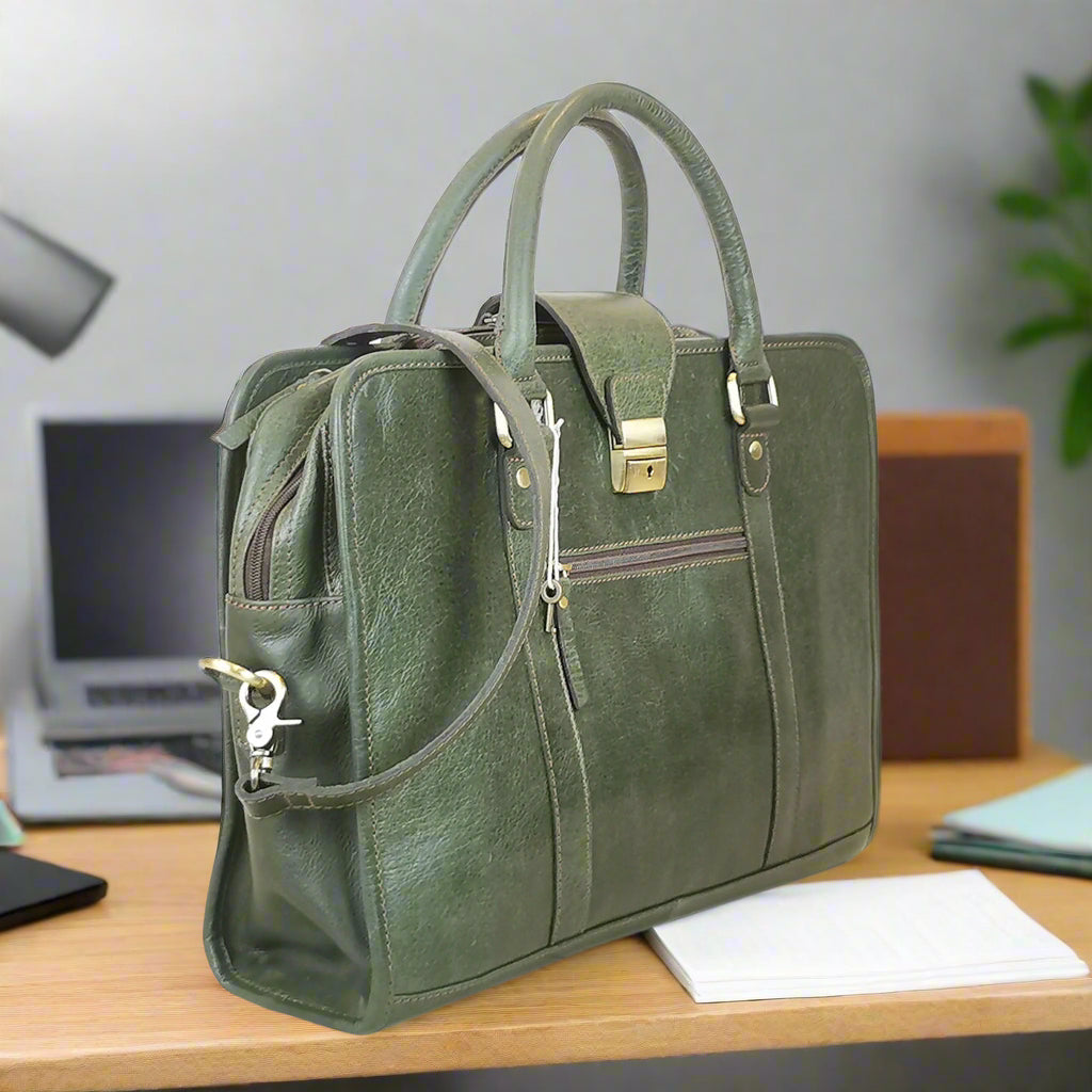 Olive green leather briefcase