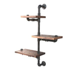 Three tier wall shelves in solid timber on metal pipe brackets