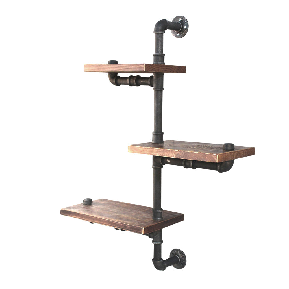 Three tier wall shelves in solid timber on metal pipe brackets