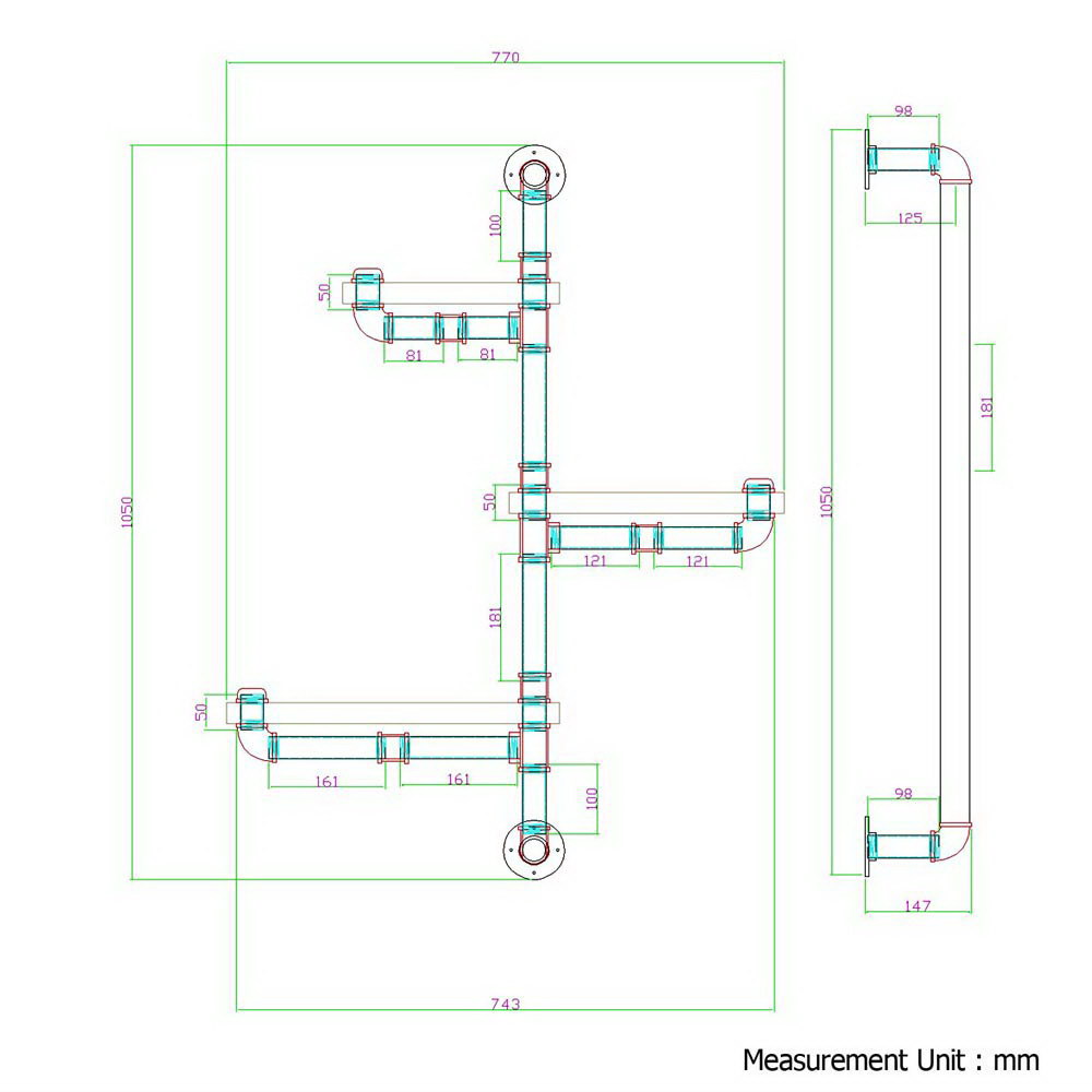Three tier wall shelves in solid timber on metal pipe brackets