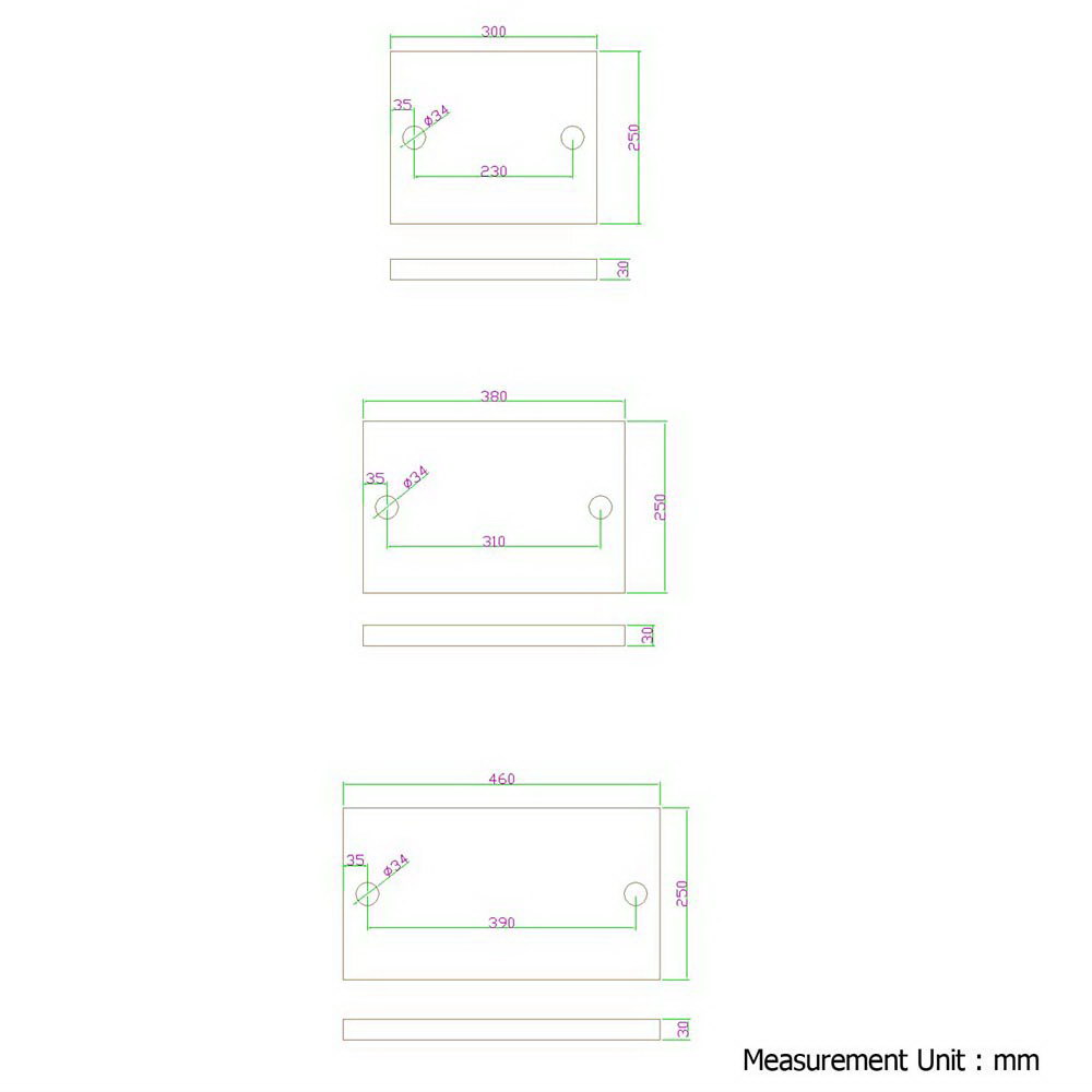 Three tier wall shelves in solid timber on metal pipe brackets