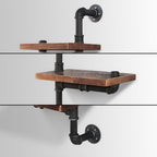 Three tier wall shelves in solid timber on metal pipe brackets