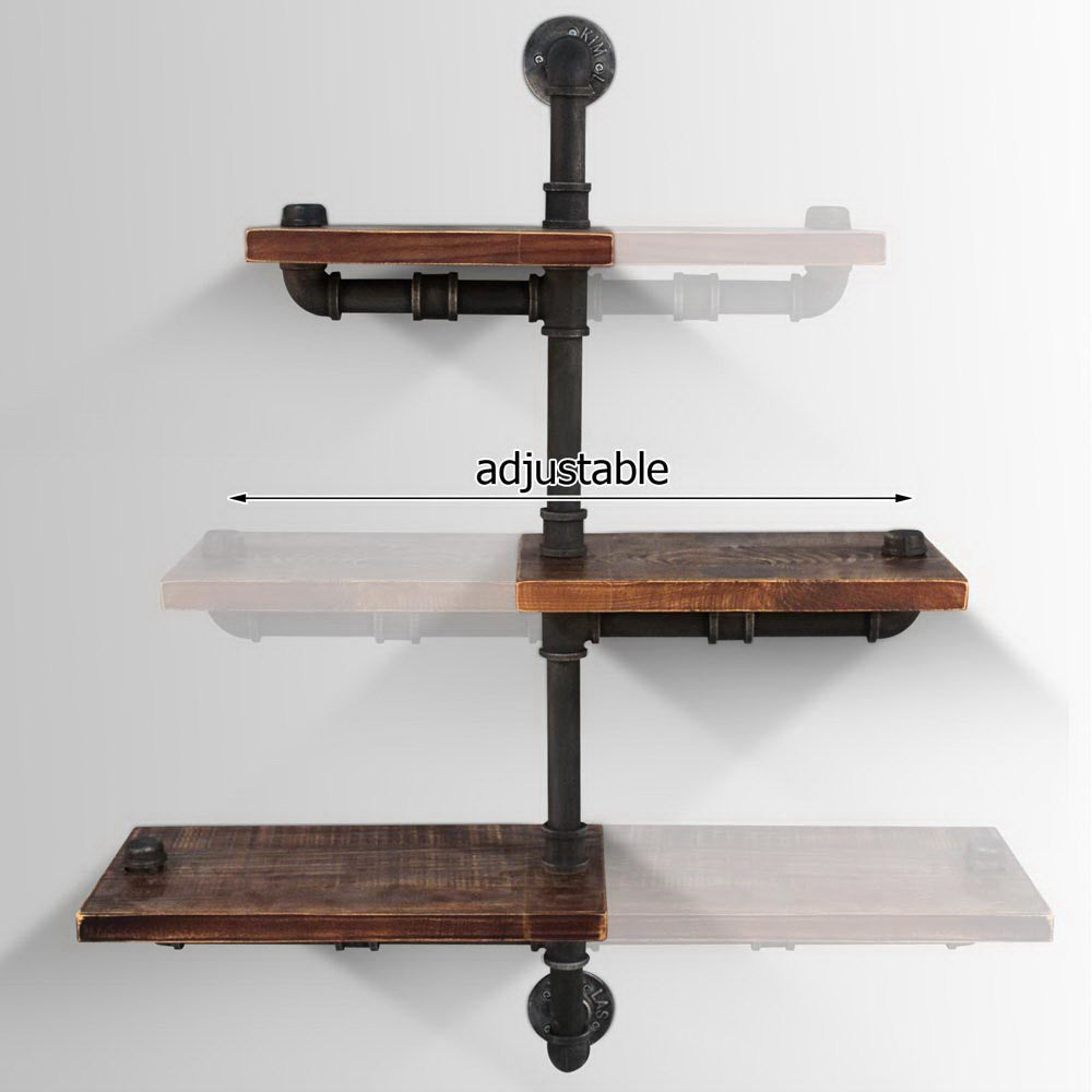 Three tier wall shelves in solid timber on metal pipe brackets