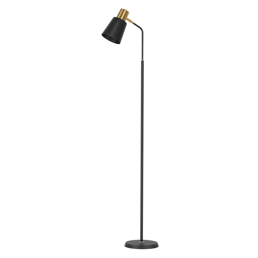 Slim black floor lamp with a metal frame and weighted base