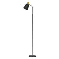 Slim black floor lamp with a metal frame and weighted base