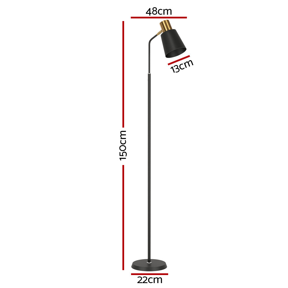 Slim black floor lamp with a metal frame and weighted base