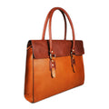 Tan leather laptop bag with a full flap closure