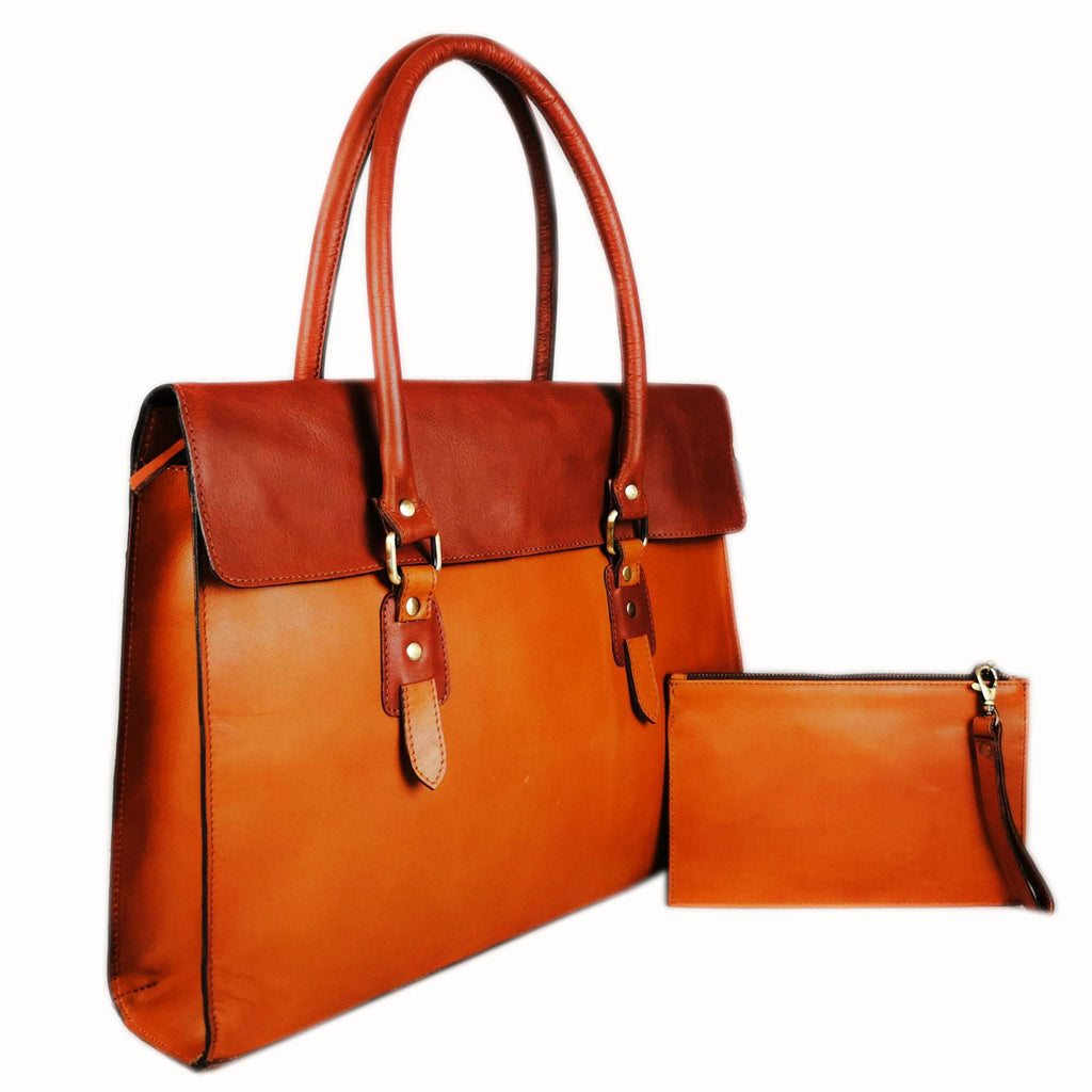Tan leather laptop bag with a full flap closure