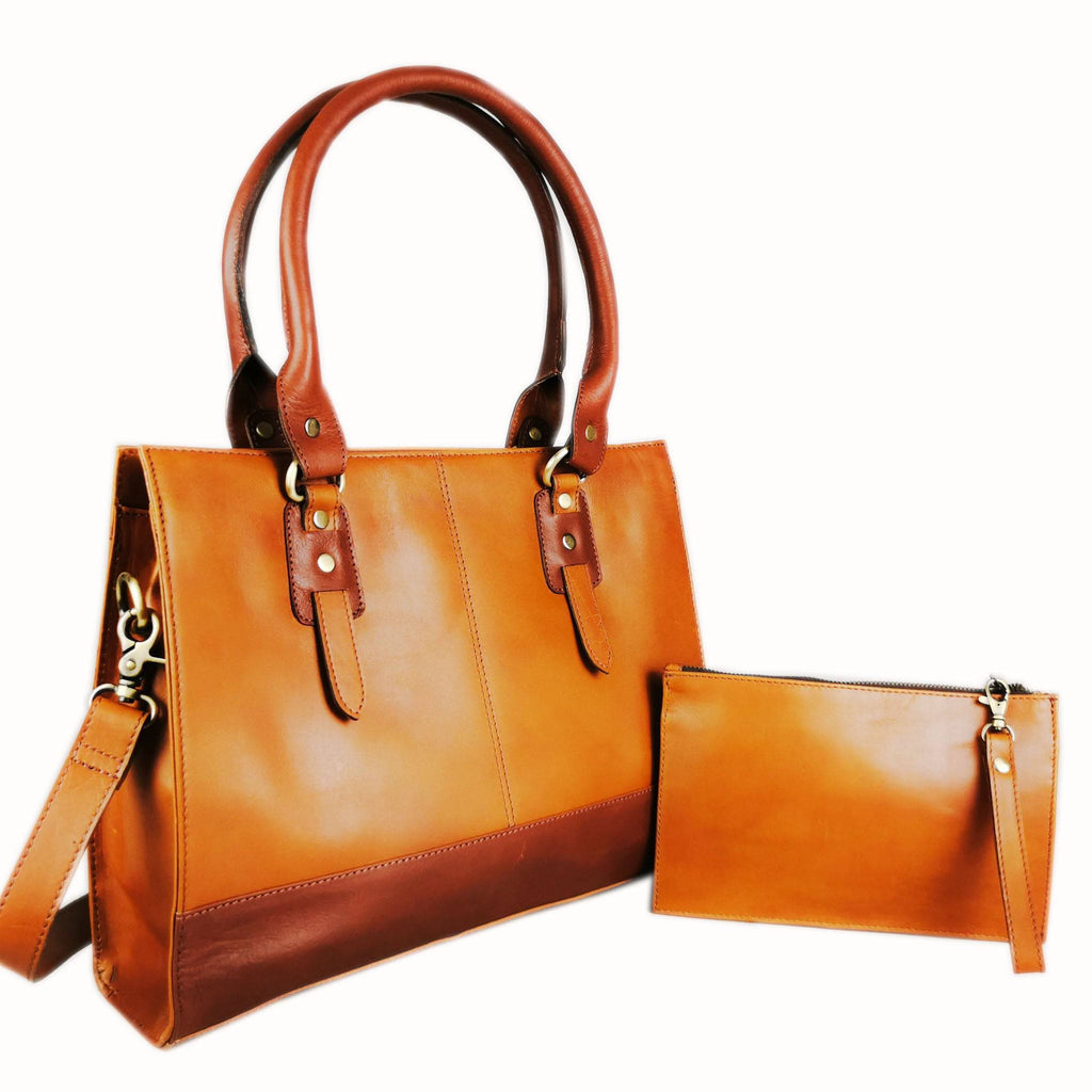 Tan full grain leather laptop bag for a 15 inch machine