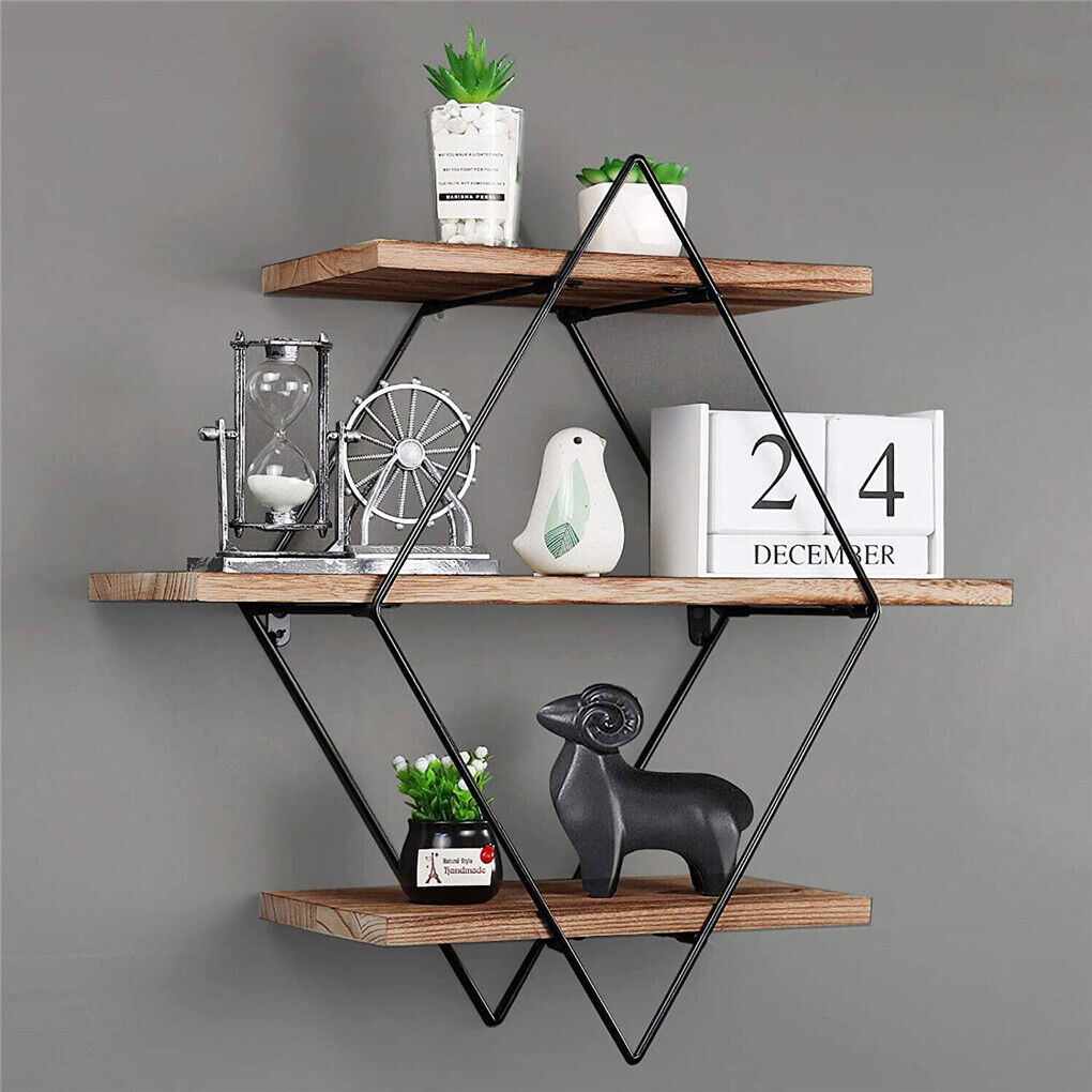 Wooden floating wall shelves with a worn timber finish