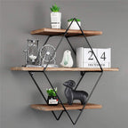 Wooden floating wall shelves with a worn timber finish