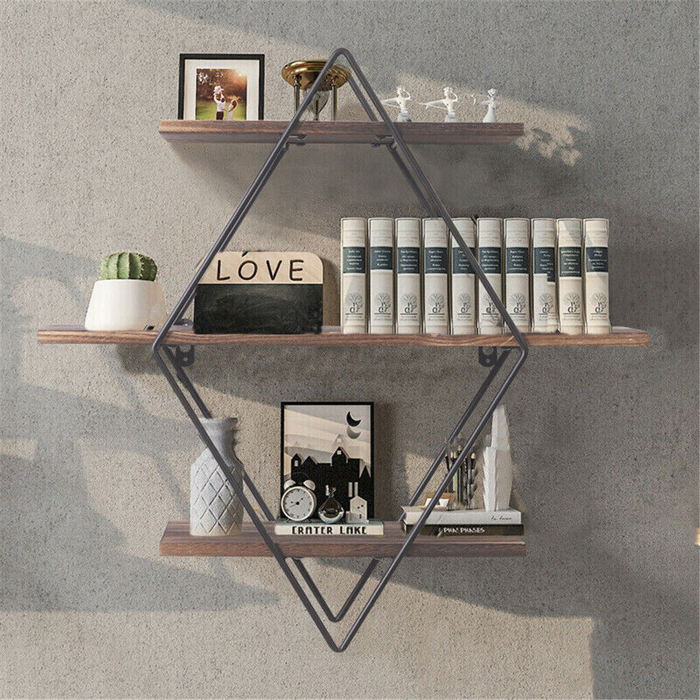 Wooden floating wall shelves with a worn timber finish