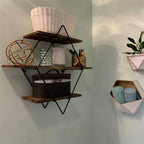 Wooden floating wall shelves with a worn timber finish