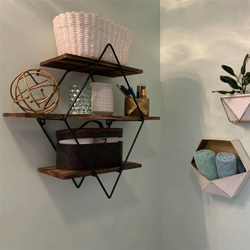 Wooden floating wall shelves with a worn timber finish