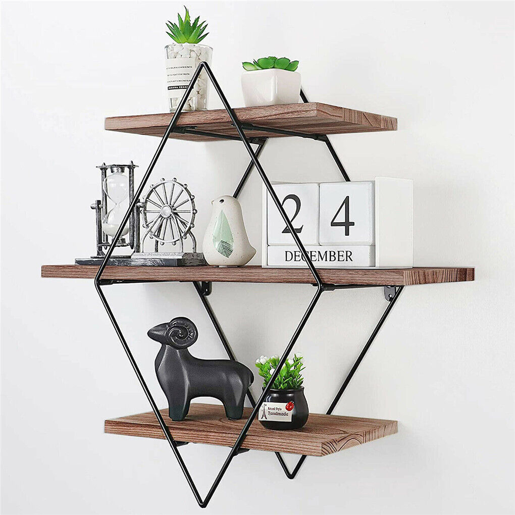 Wooden floating wall shelves with a worn timber finish