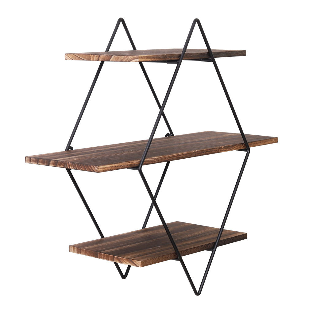 Wooden floating wall shelves with a worn timber finish