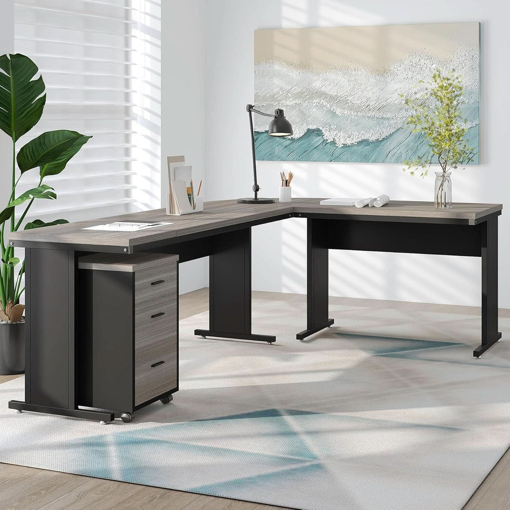 L shaped executive desk with a three drawer file cabinet