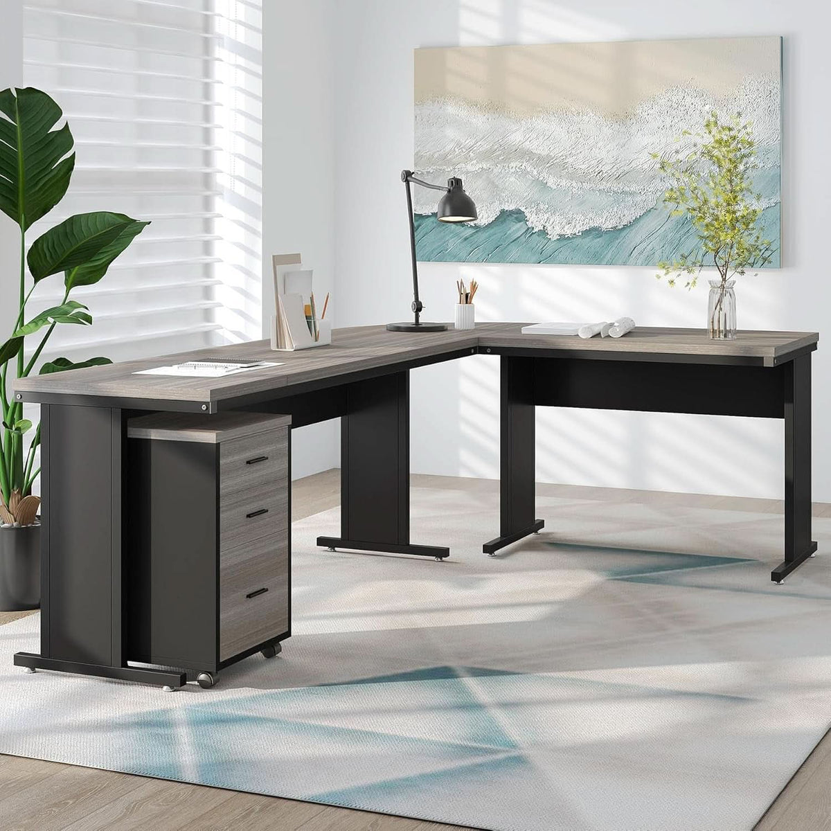 L shaped executive desk with a three drawer file cabinet