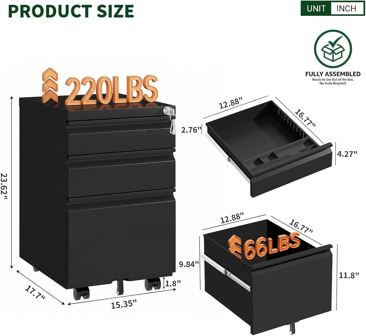 Lockable Three Drawer Rolling Metal Filing Cabinet-1