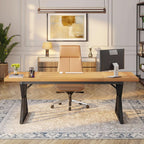 Light walnut executive desk with a black frame
