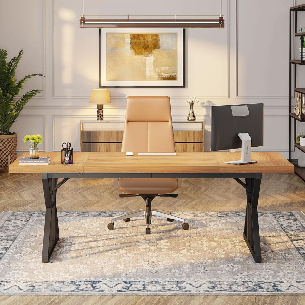Light walnut executive desk with a black frame