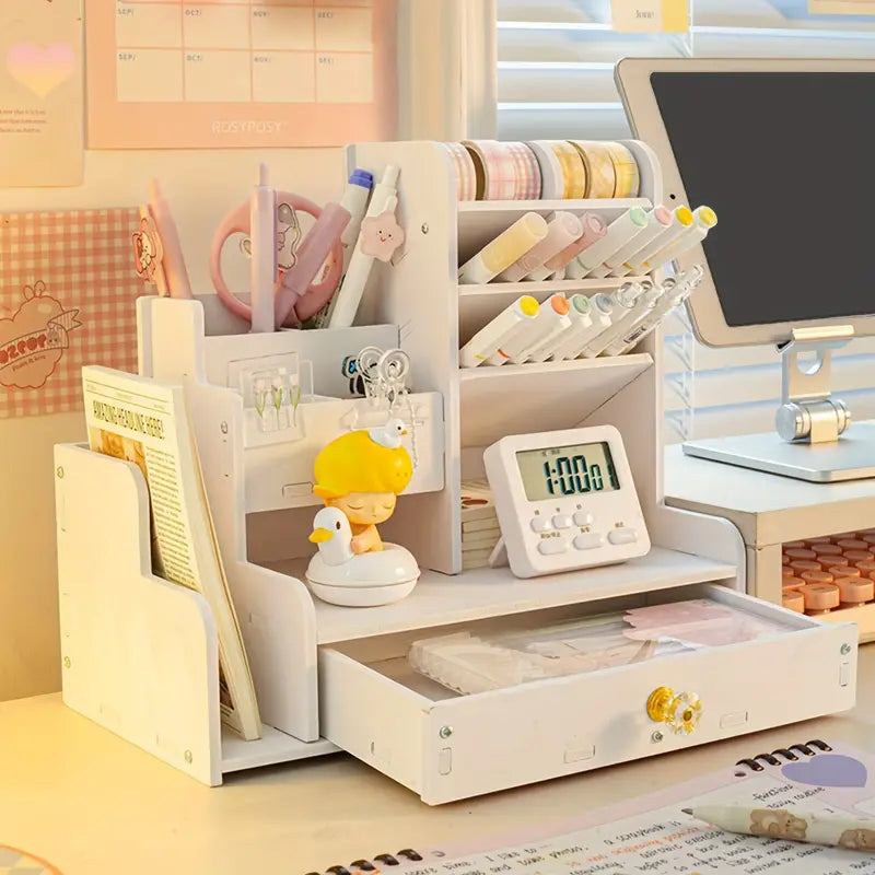 Compact study desk in white with built in storage shelves