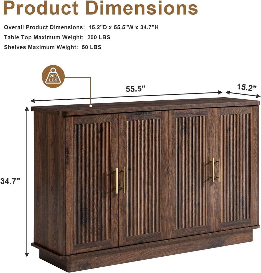 Walnut sideboard with fluted doors and adjustable interior shelves