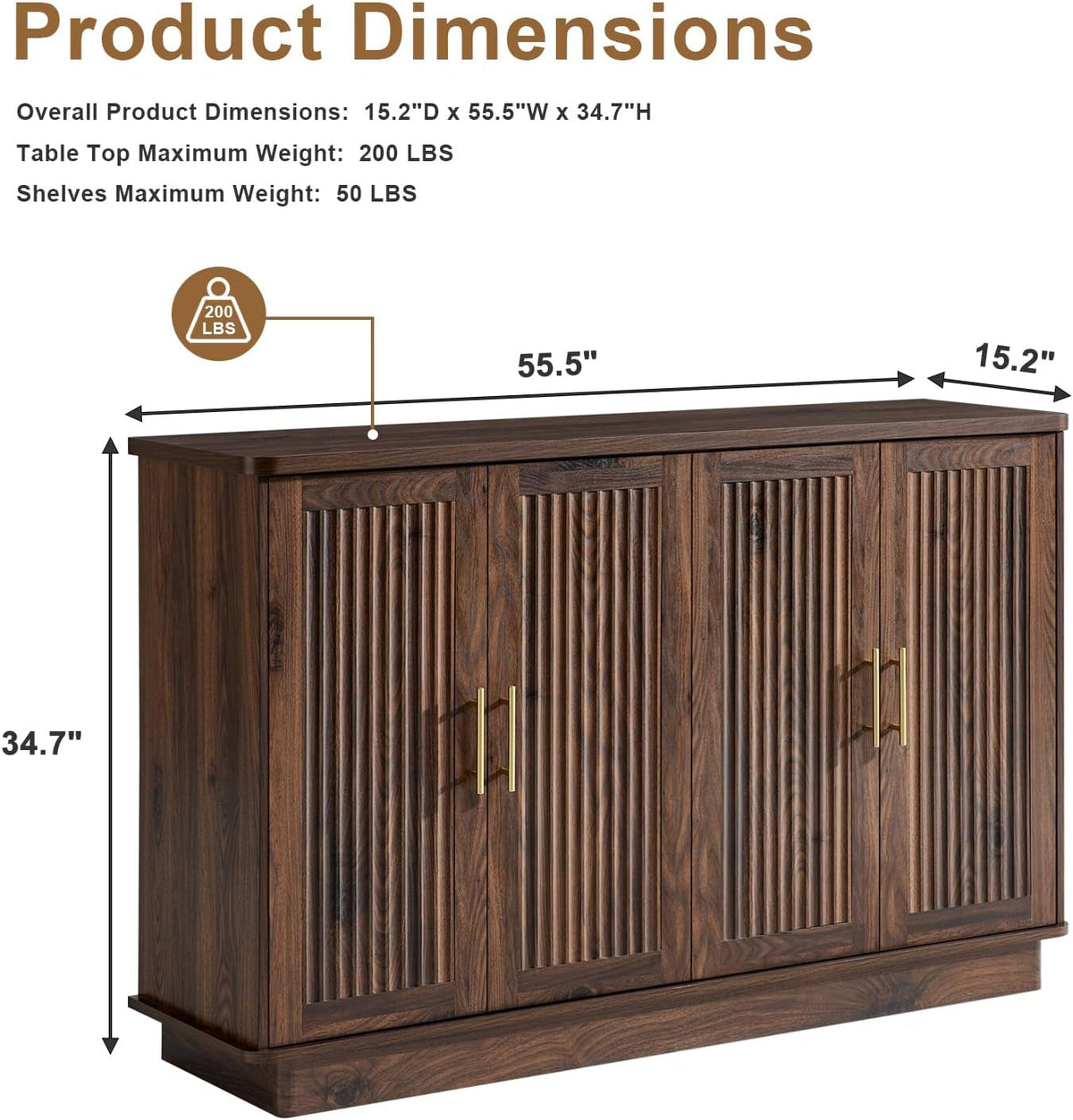 Walnut sideboard with fluted doors and adjustable interior shelves