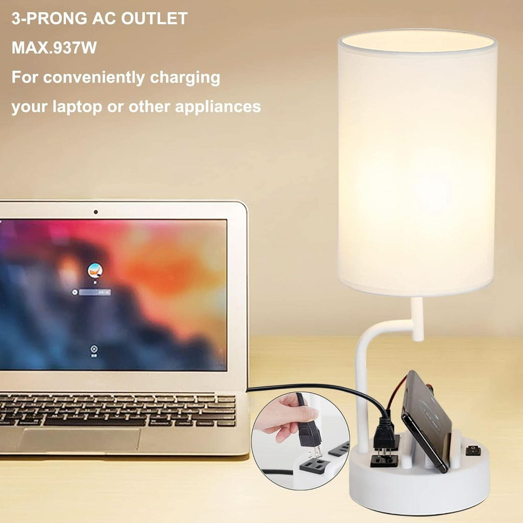 Table Lamp With 3 USB Ports White Finish For Home Office-2