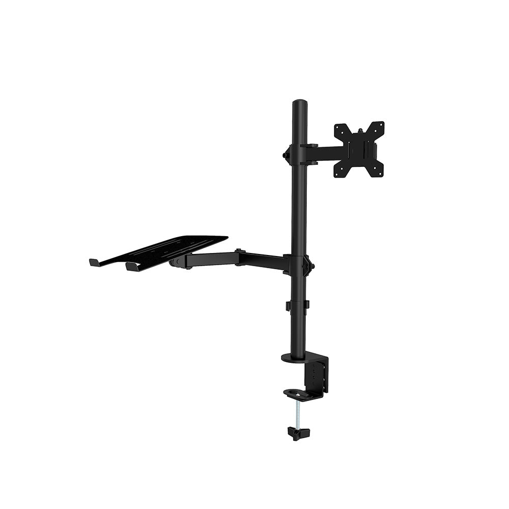 Desktop stand holding a monitor and a laptop side by side