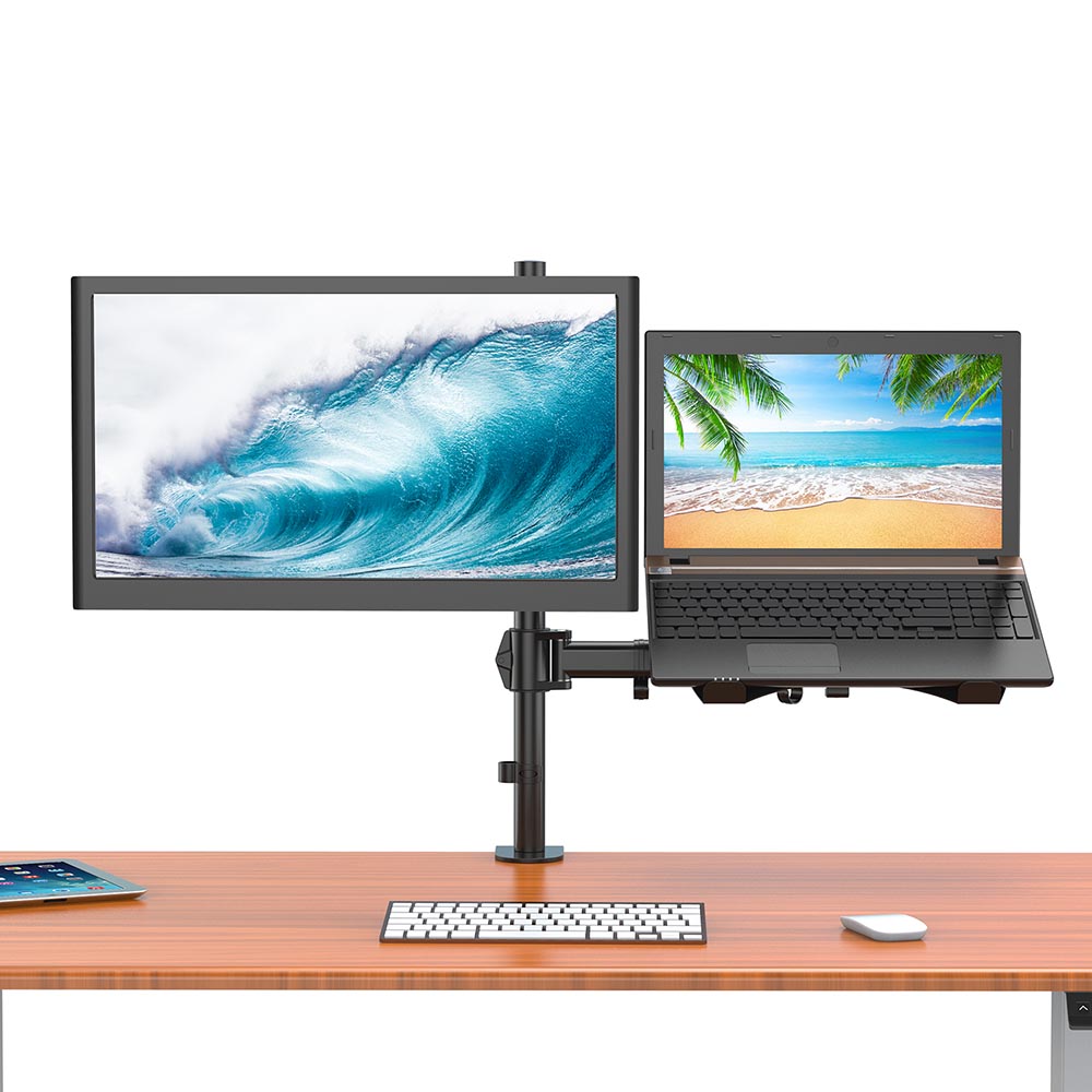 Desktop stand holding a monitor and a laptop side by side