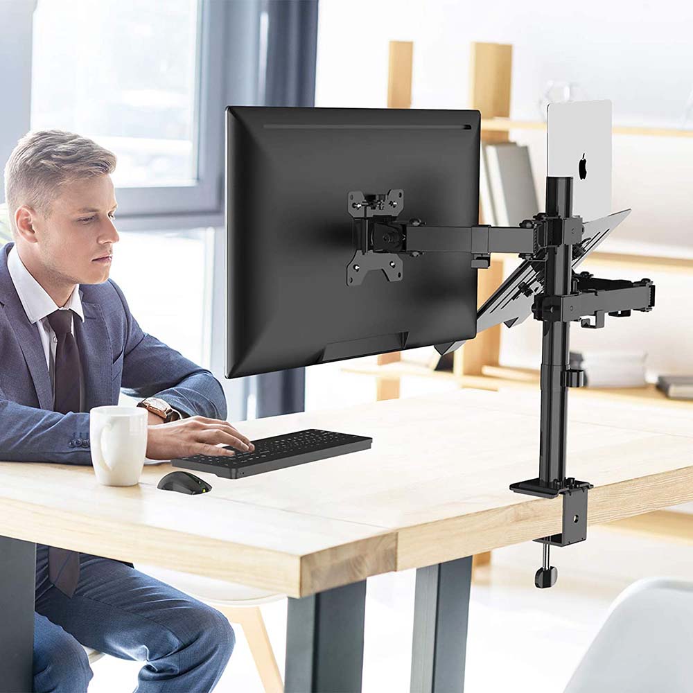 Desktop stand holding a monitor and a laptop side by side