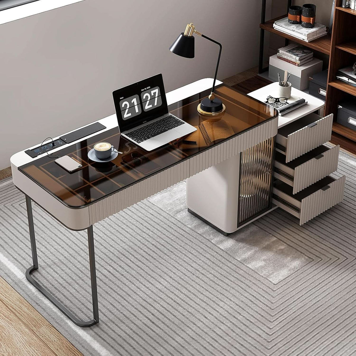 Ivory 50 Inch Office Computer Desk With Cabinet LED lights-4