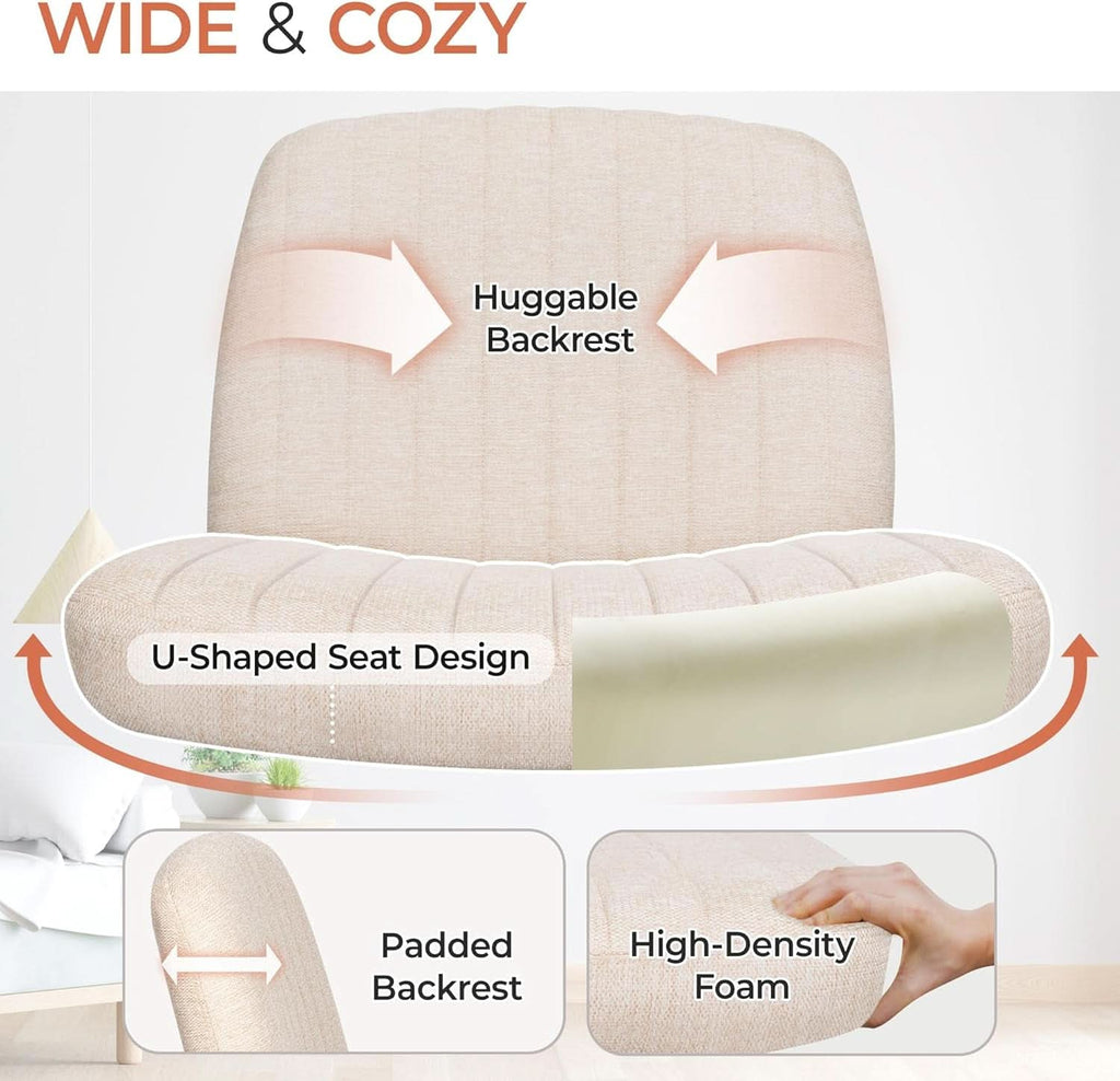 Beige fabric swivel desk chair with a wide padded seat