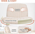 Beige fabric swivel desk chair with a wide padded seat
