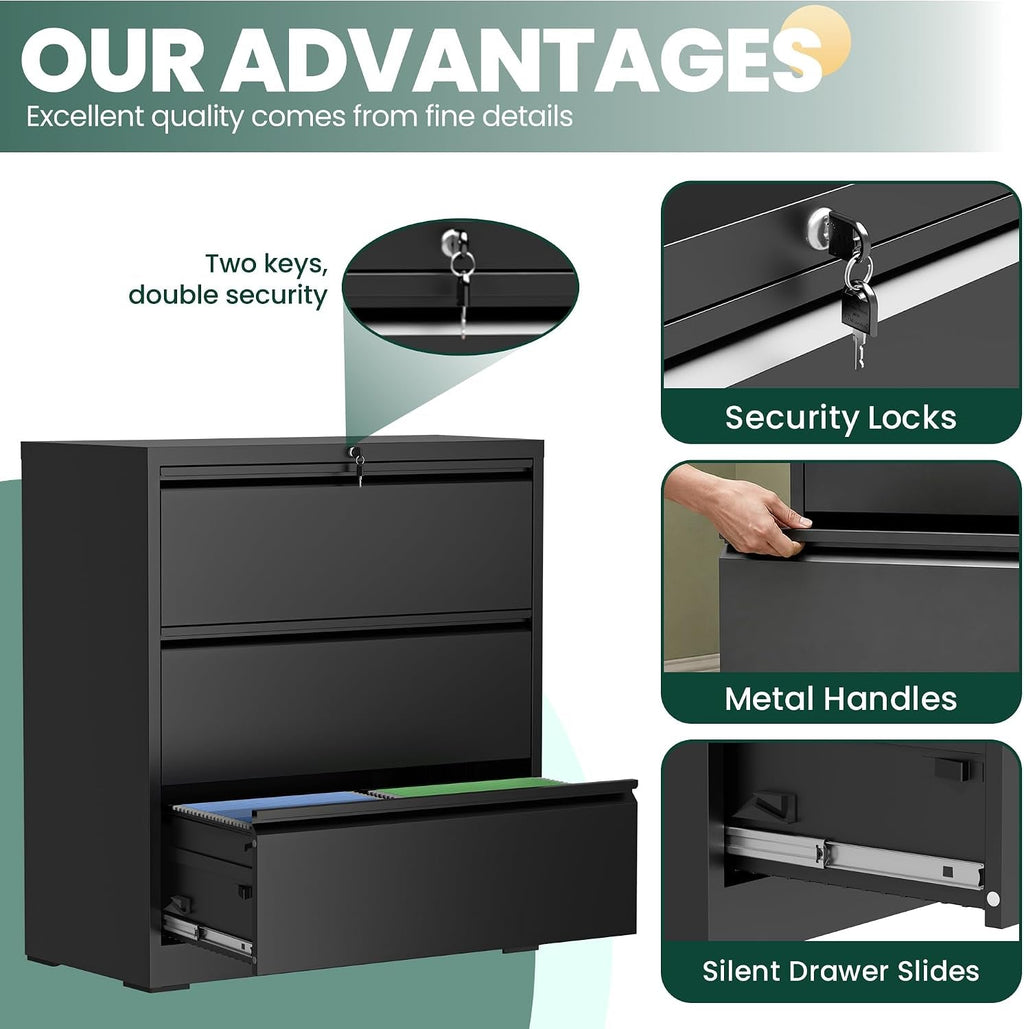 Triple Compartment Lateral Filing Cabinet Black Steel-3