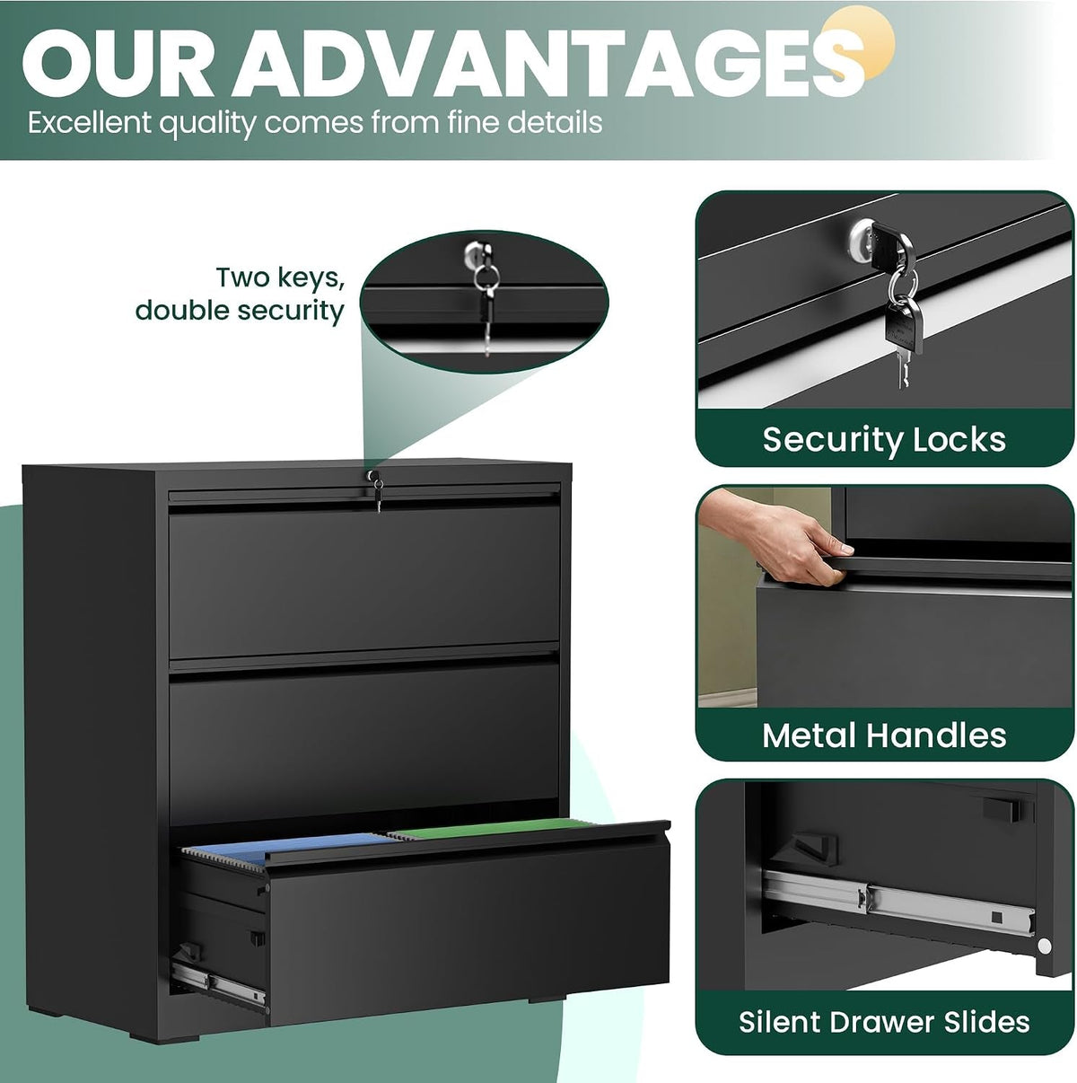 Triple Compartment Lateral Filing Cabinet Black Steel-3