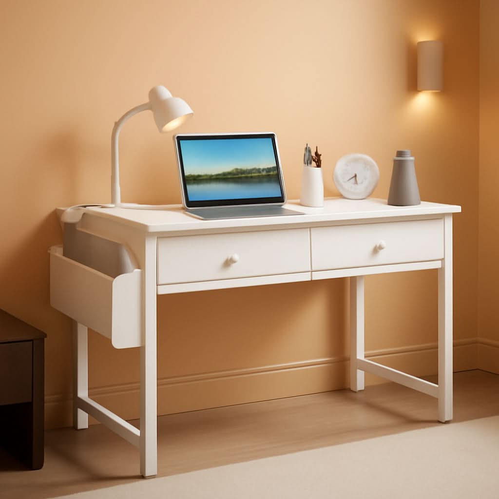 Compact white writing desk with a fabric storage drawer