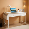 Compact white writing desk with a fabric storage drawer